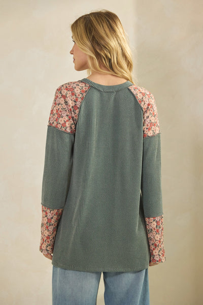 Long Solid Urban Ribbed And Floral Contrast Top | Olive Vintage