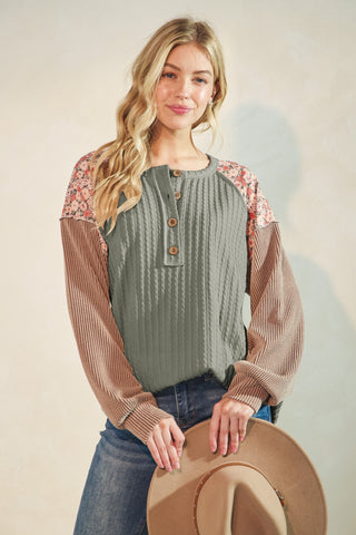 Plus Long Sleeve Solid and Floral Contrast Top |Olive Vintage