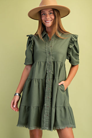 Linen Button Up Shirt Dress | Olive