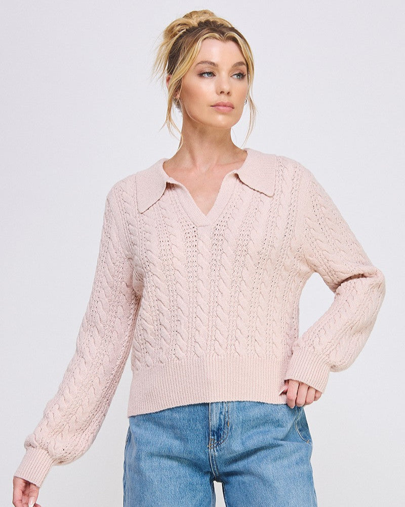 Cable Knit Johnny Collar Pullover | Pale Pink