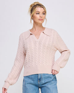 Cable Knit Johnny Collar Pullover | Pale Pink