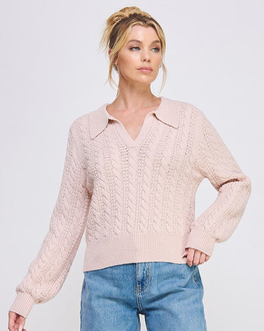Cable Knit Johnny Collar Pullover | Pale Pink