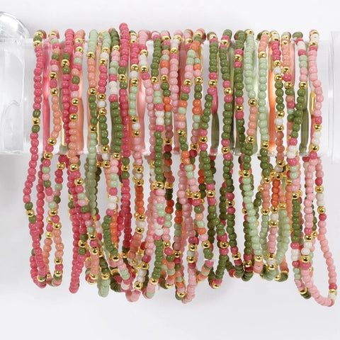 2mm Stretch Seed Beed Bracelets| Pink/Peach/Green