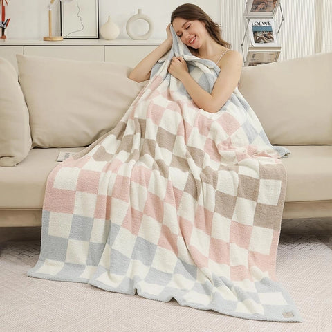 Multicolor Checkered Reversible Throw Blanket | Pink & Blue