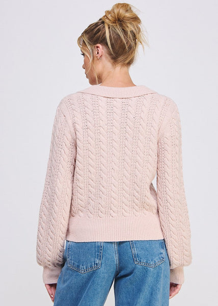 Cable Knit Johnny Collar Pullover | Pale Pink
