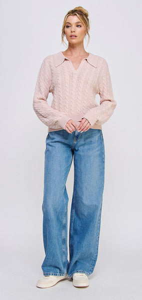 Cable Knit Johnny Collar Pullover | Pale Pink