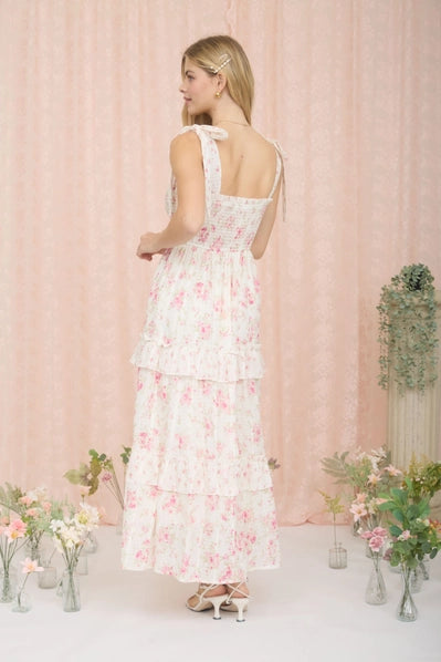 Floral Sweetheart Smocked Ruffle Detail Midi Dress | Pink Multi