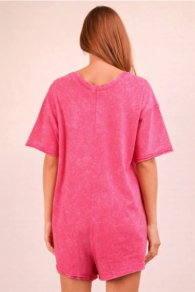 Mineral Washed Oversized Casual Knit Romper | Pink