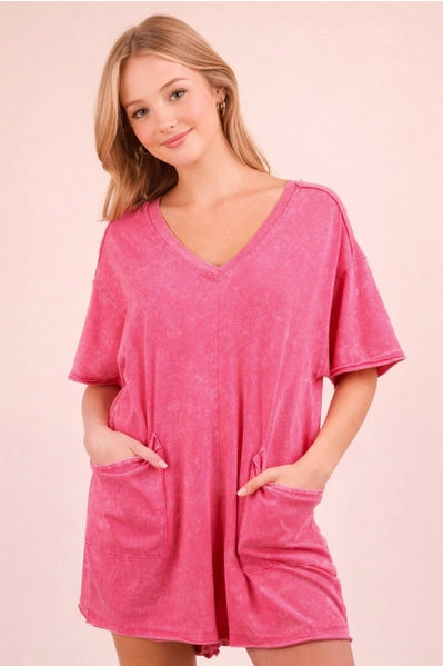 Mineral Washed Oversized Casual Knit Romper | Pink