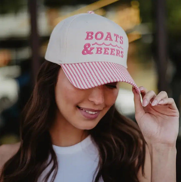 Boats & Beers Two-Toned Trucker Hats | Pink and Light Pink Stripe