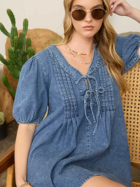 PLEATED FRONT TIE PUFF SLEEVE DENIM MINI DRESS | DENIM