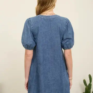PLEATED FRONT TIE PUFF SLEEVE DENIM MINI DRESS | DENIM