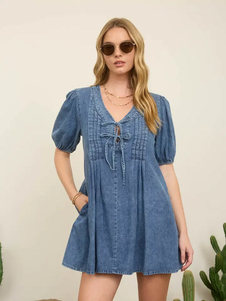 PLEATED FRONT TIE PUFF SLEEVE DENIM MINI DRESS | DENIM