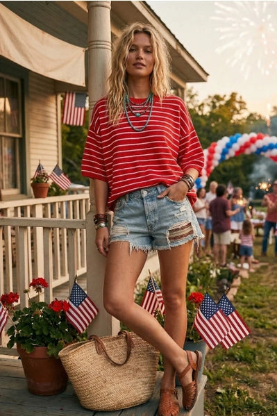 Oversized Striped Knit Short Sleeve Top |Red/White