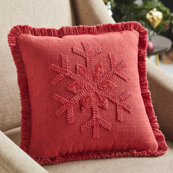 Red Snowflake Stone Washed Fringed Pillow | 12x12