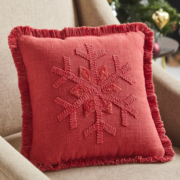 Red Snowflake Stone Washed Fringed Pillow | 12x12