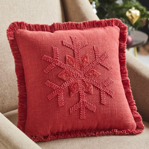 Red Snowflake Stone Washed Fringed Pillow | 12x12