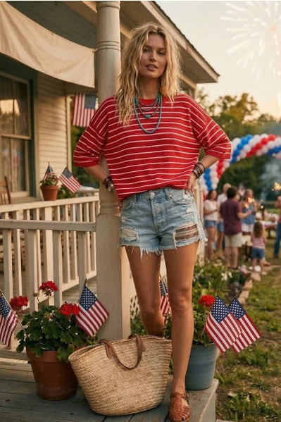 Oversized Striped Knit Short Sleeve Top |Red/White