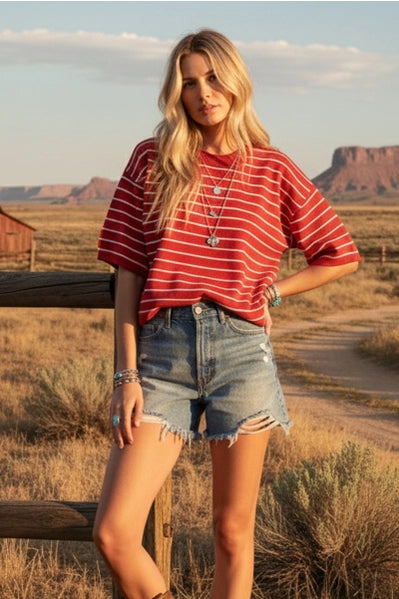 Oversized Striped Knit Short Sleeve Top |Red/White