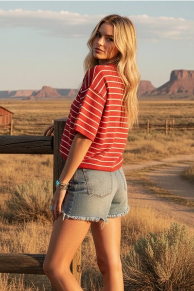 Oversized Striped Knit Short Sleeve Top |Red/White