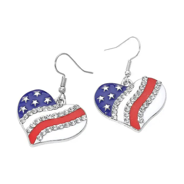 Rhinestone USA Flag Heart Dangle Earrings