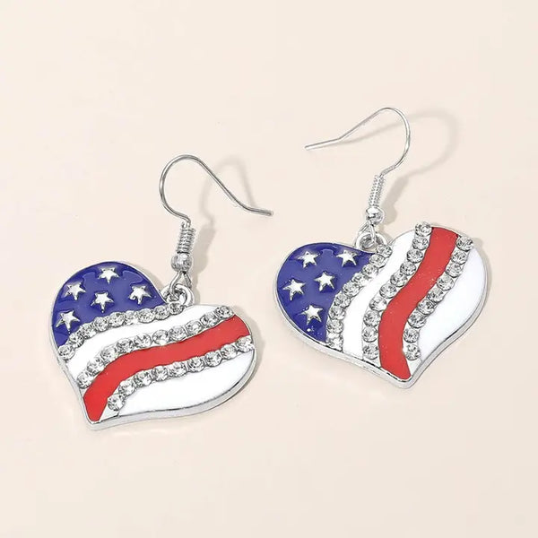 Rhinestone USA Flag Heart Dangle Earrings