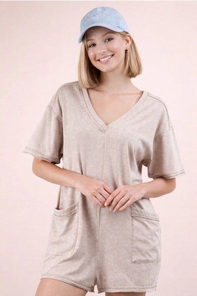 Mineral Washed Oversized Casual Knit Romper | TAUPE