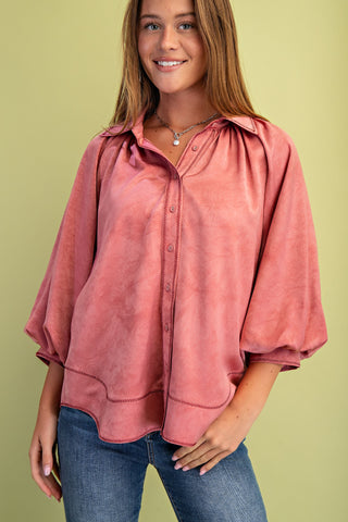 Satin Ballon Sleeve Button Down Blouse |Rose