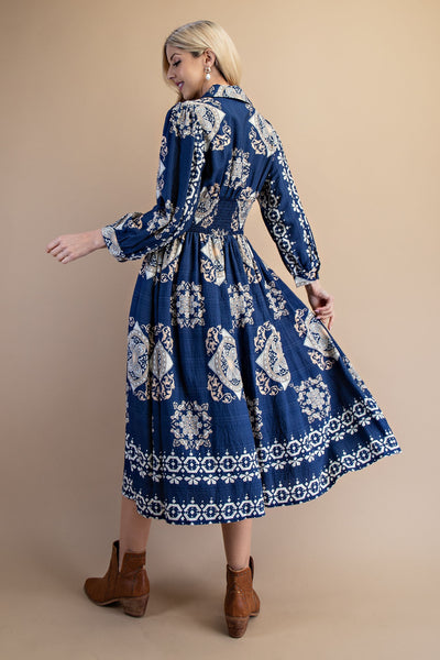 Tile Print Long Sleeve Midi Dress | Royal