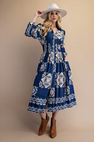 Tile Print Long Sleeve Midi Dress | Royal
