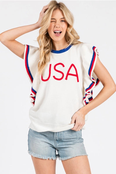 Ruffle Sleeve Americana Sweater Top| White