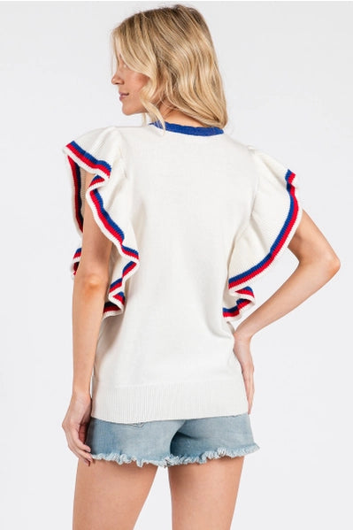 Ruffle Sleeve Americana Sweater Top| White