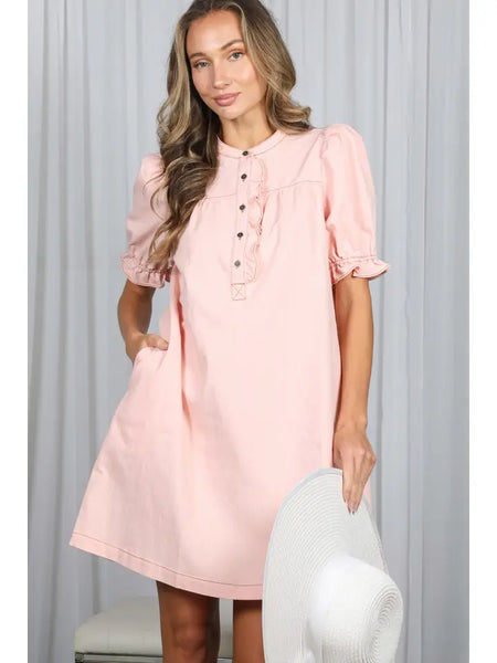 Ruffled Button Placket Accent Knee Dress | Pink