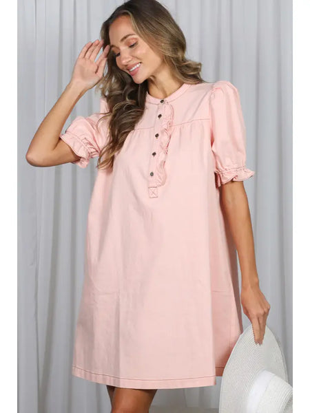 Ruffled Button Placket Accent Knee Dress | Pink