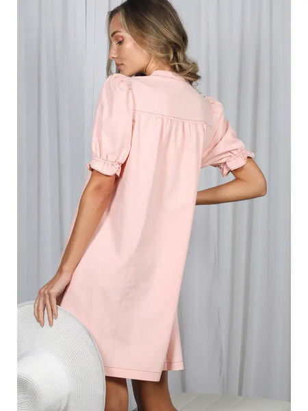 Ruffled Button Placket Accent Knee Dress | Pink