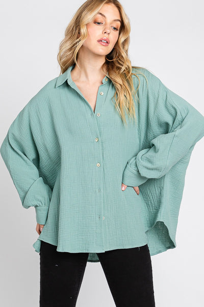 Boxy Oxford Button Down Long Sleeve Top | Sage Green
