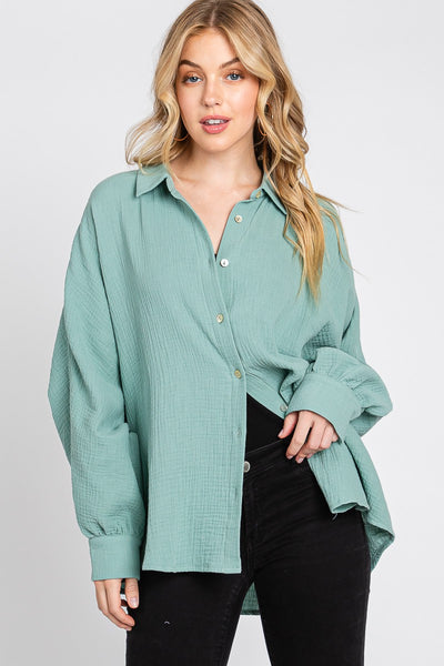Boxy Oxford Button Down Long Sleeve Top | Sage Green