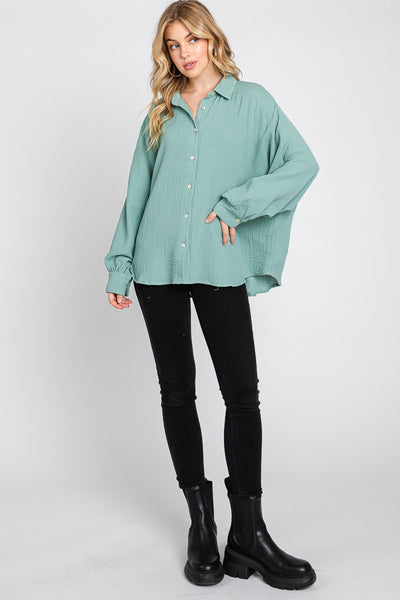 Boxy Oxford Button Down Long Sleeve Top | Sage Green