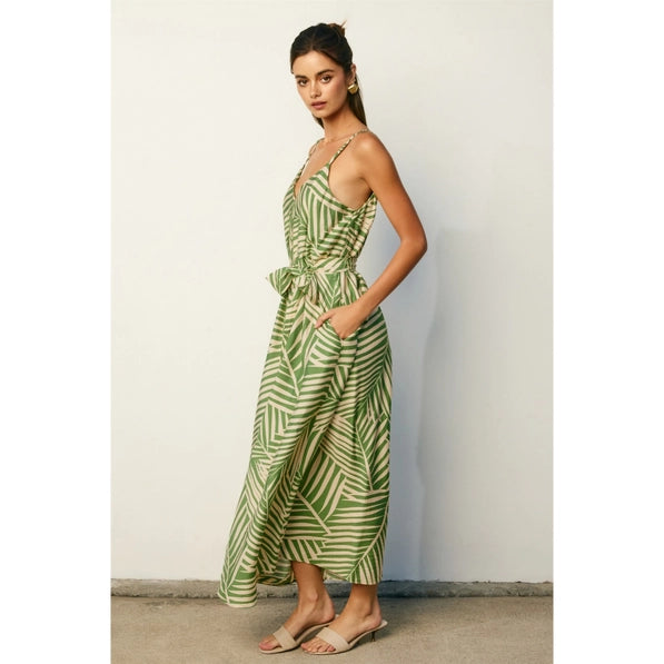 Tropical Leaf Extra Flared Maxi Dress | Sage Cream