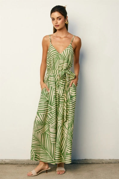 Tropical Leaf Extra Flared Maxi Dress | Sage Cream