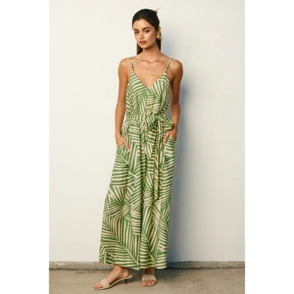 Tropical Leaf Extra Flared Maxi Dress | Sage Cream