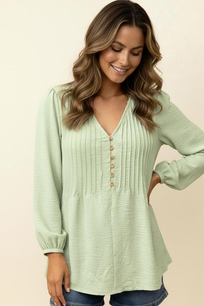 Solid V Neck Pin Tuck Buttoned Woven Blouse | Sage
