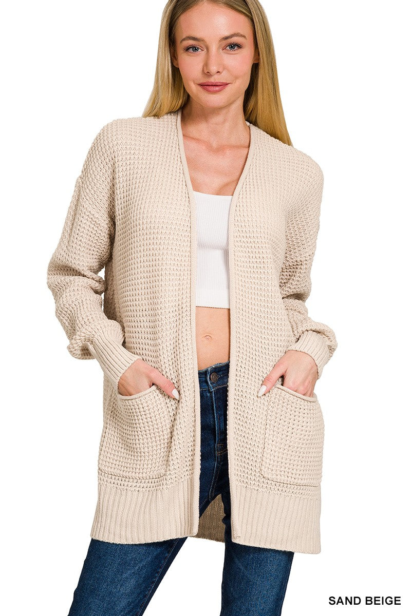 Low Gauge Waffle Open Cardigan Sweater | Sand Beige