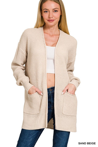 Low Gauge Waffle Open Cardigan Sweater | Sand Beige