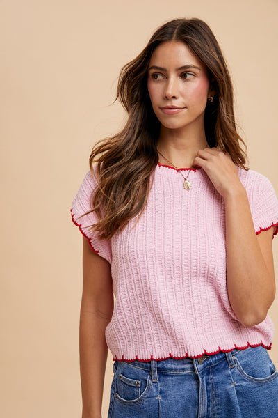 Scallop Edge Pointelle Sweater Top| Pink/Red