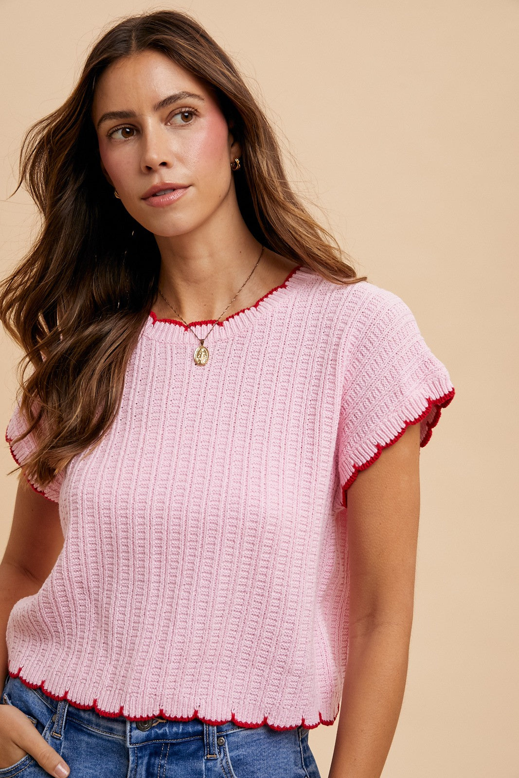 Scallop Edge Pointelle Sweater Top| Pink/Red