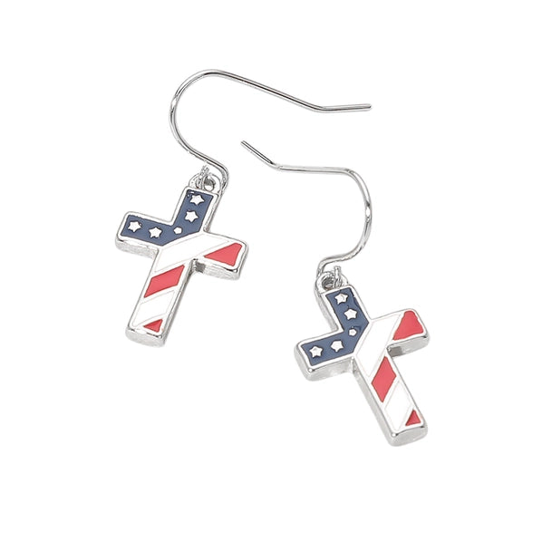 USA Flag Cross Dangle Earrings | Silver