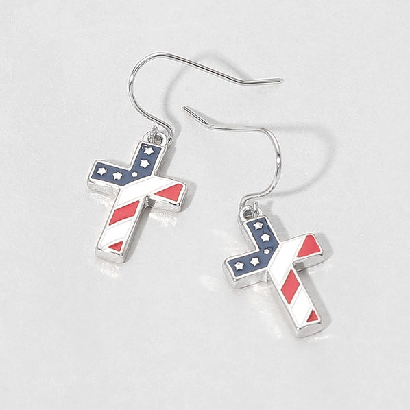 USA Flag Cross Dangle Earrings | Silver