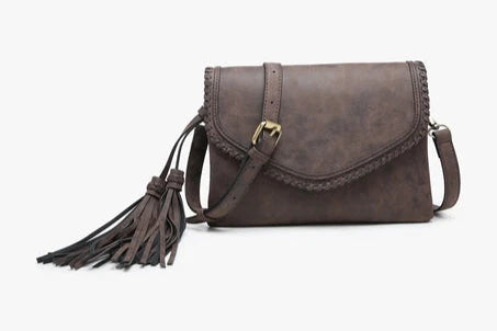 Sloane Suede Flapover Whipstitch Crossbody| Dark Brown