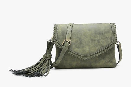 Sloane Suede Flapover Whipstitch Crossbody | Olive